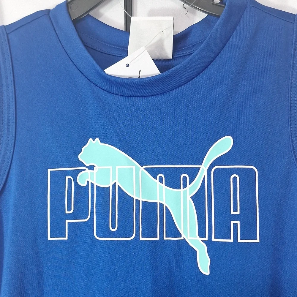Puma Kids Tee Tank Shorts Set White and Blue Logo 3 Piece Set